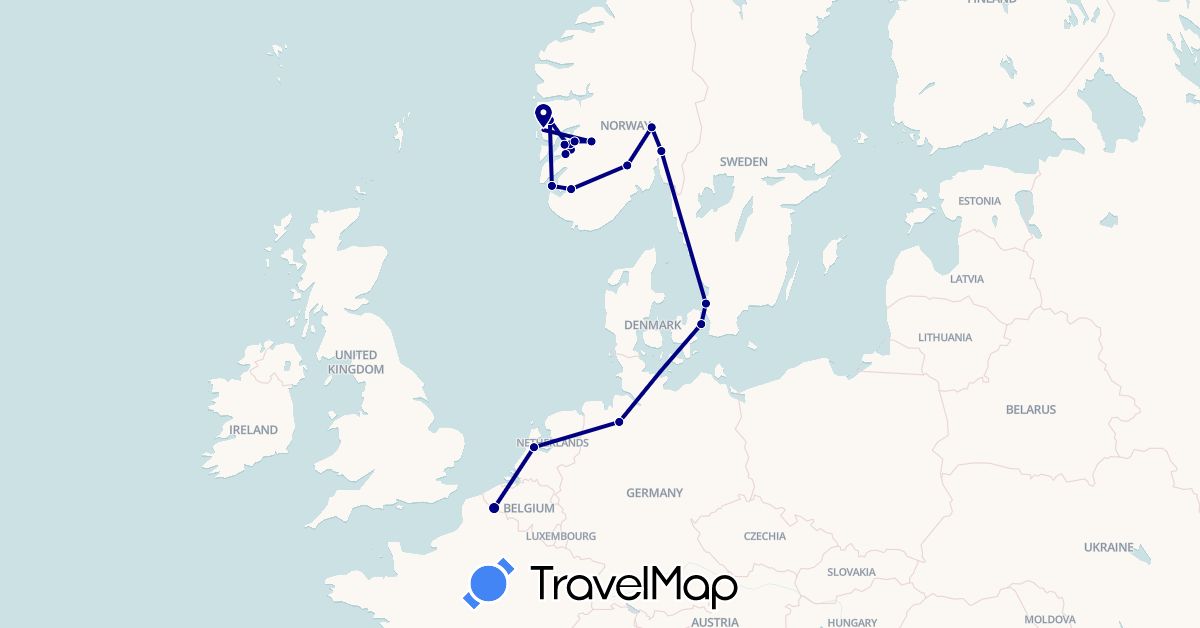 TravelMap itinerary: driving in Germany, Denmark, France, Netherlands, Norway, Sweden (Europe)
